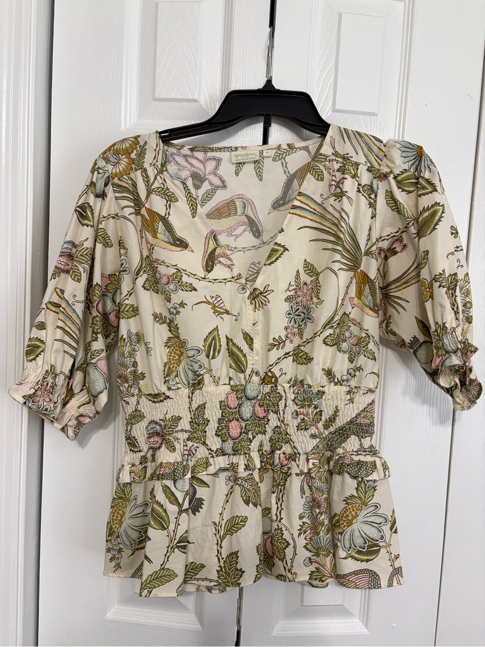 Spartina 449 Cream Floral Peplum Blouse with Green and Pink Accents